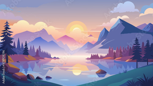Vector art of a serene sunset landscape with mountains, lake and forest reflecting in the calm water, creating a peaceful and idyllic nature scene at dusk