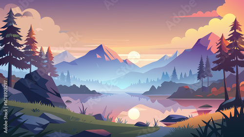 Vector art of scenic mountain landscape with a tranquil lake reflecting the vibrant colors of the sunset, surrounded by lush forests and rolling hills
