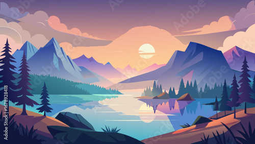 Vector art of a captivating landscape illustration showcasing a tranquil lake mirroring the stunning mountains at sunset, evoking a sense of peace and natural beauty