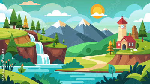 Vector art of a picturesque landscape illustration with mountains, a waterfall, a river, and a charming building, ideal for travel and nature themes