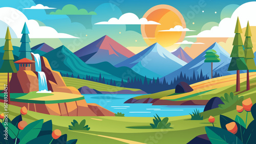 Vector art of a scenic landscape illustration featuring mountains, a waterfall, and a tranquil lake under a bright sun, perfect for travel and nature themes