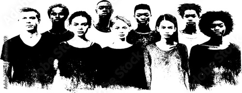 Black and white stencil illustration of diverse crowd silhouette for urban design