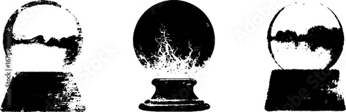 Black and white stencil crystal ball illustration set for mystical designs