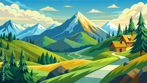 Vector art of idyllic mountain landscape featuring a charming cabin nestled in the hills, surrounded by lush greenery and a winding path, perfect for travel