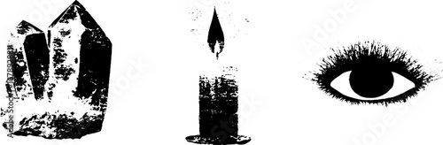 Black and white stencil illustration set featuring crystals, candle, and eye for creative design