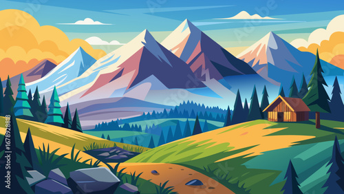 Vector art of a serene mountain landscape featuring majestic peaks, lush green hills, and a charming cabin, set against a backdrop of a clear blue sky with fluffy clouds