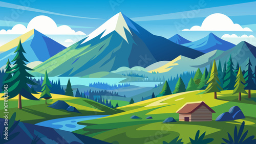Vector art of a tranquil mountain landscape with a winding river, lush green meadows, and a cozy cabin nestled amidst the trees, under a clear blue sky with clouds