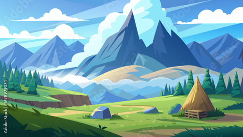 Vector art of idyllic mountain scenery with green fields, towering peaks, and a clear blue sky creating a peaceful and inviting natural landscape for exploration