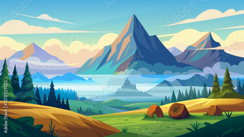 Vector art of scenic mountain landscape with tents on a green meadow, a peaceful outdoor scene with a clear sky and fresh air, perfect for camping and adventure