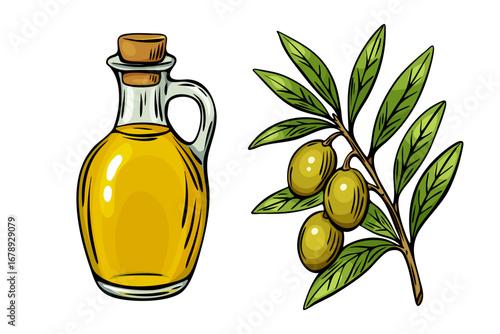 Olive oil bottle and branch sketch in Mediterranean style