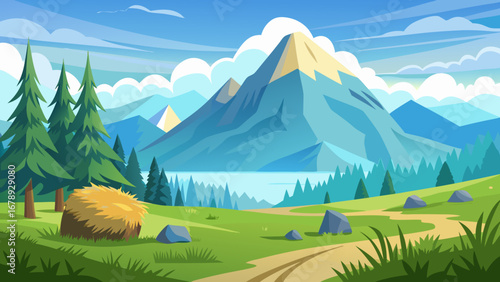 Vector art of captivating mountain landscape featuring a winding path through a green meadow, with towering peaks and a clear sky, perfect for outdoor adventure