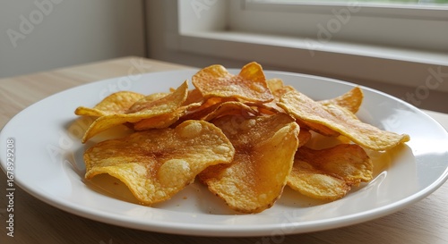 Golden Fried Chips on White Plate, Crunchy Homemade Snack