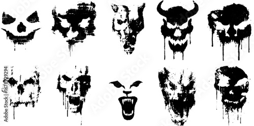 Grunge black and white demon stencil collection for urban art and design