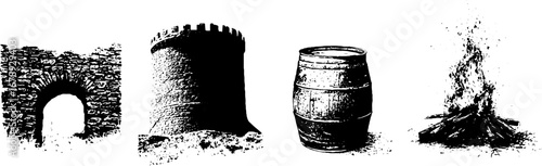 Black and white stencil set of rustic structures and campfire