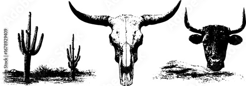 Black and white desert stencil set with cactus and bull skulls for vintage design