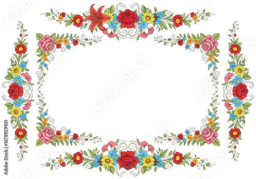 Floral border with colorful flowers and leaves, isolated on transparent background