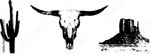 Black and white desert stencil set: cactus, skull, monument