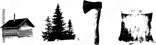 Rustic wilderness elements for design: cabin, pine tree, axe, and tree stump in black and white stencil set