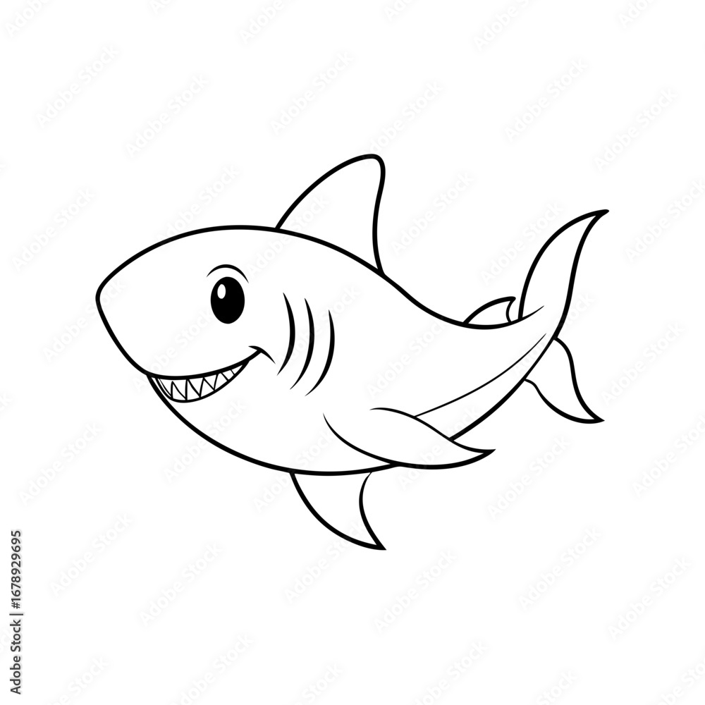 Obraz premium Happy Cartoon Shark Outline Friendly, Childlike Line Art Illustration for Kids' Books, Educational Materials, and Designs.