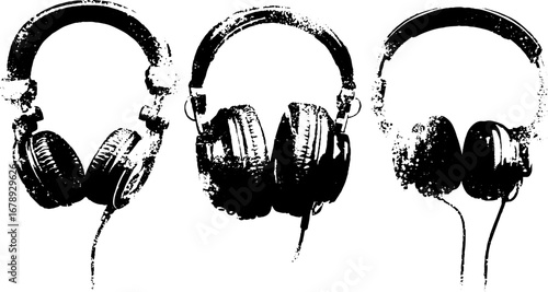 Black and white dj headphones stencil set for urban art and design