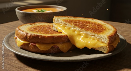 Golden Grilled Cheese Sandwich with Tomato Soup on Wooden Table