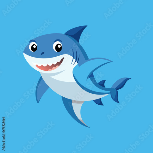 Happy Cartoon Shark, Friendly Ocean Animal, Childrens Illustration, Blue Background, Vector Graphic