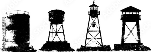 Black and white water towers and observation towers stencil art for design and decor