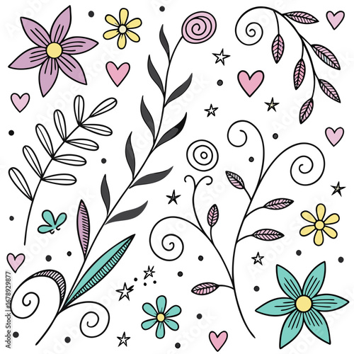 Seamless Hand-Drawn Floral Doodle Background – Leaf Pattern Vector Decorative Floral Doodle Pattern – Botanical Line Art with Flowers