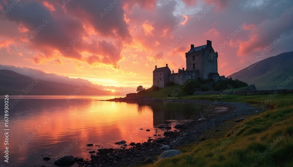Obraz premium Majestic Scottish castle by calm lake at sunrise. Vibrant orange pink sky reflects on water. Ancient stone architecture sits on grassy hill with mountains in background. Fairytale landscape offers