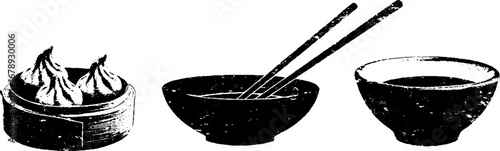 Black and white dumpling set illustrations with bowls and chopsticks for culinary designs