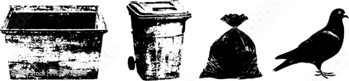 Black and white stencil set of dumpsters, trash bag, and pigeon silhouette for urban design