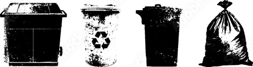 Black and white stencil collection of dumpsters and trash bags for urban design