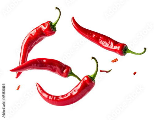 Fototapeta Naklejka Na Ścianę i Meble -  Flying Red Chili Peppers in Motion, Dynamic Scatter, Isolated on White Background