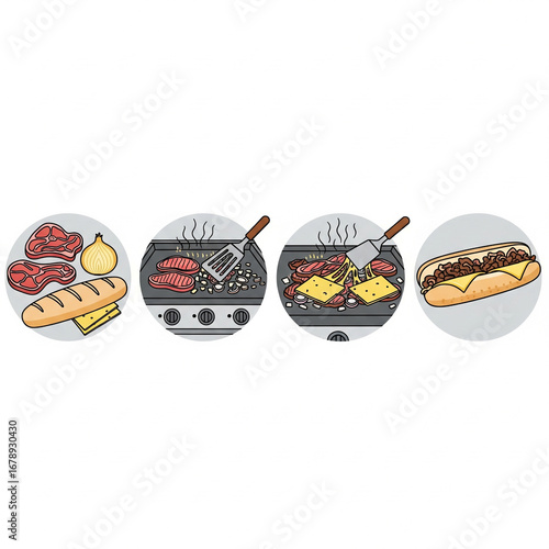 A series of simple vector illustrations showing the step-by-step process of making a dish, like a philly cheese steak 