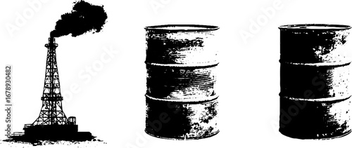 Industrial black and white stencil set featuring oil rig and barrels for urban art and design