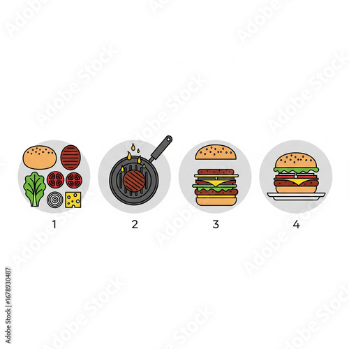 A series of simple vector illustrations showing the step-by-step process of making a dish, like a hamburger 