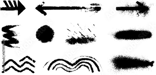 Black and white grunge stencil set featuring arrows and abstract shapes for creative design