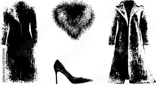 Vintage black and white fashion stencil set with coat, fur collar, and high heel design for art projects
