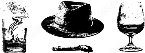 Vintage stencil set: fedora hat, cocktail glass, and cigar illustrations for retro design