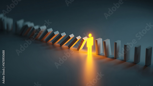 Domino effect stopped by a glowing figure, representing leadership and problem solving.
