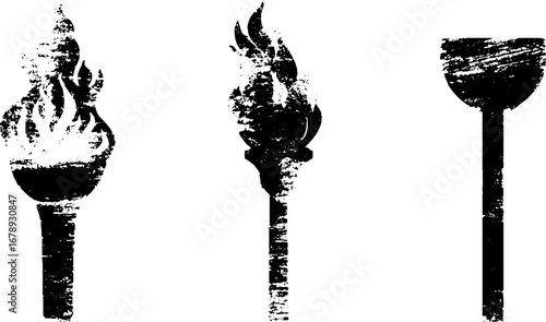 Grunge black and white flame torches stencil collection for art and design