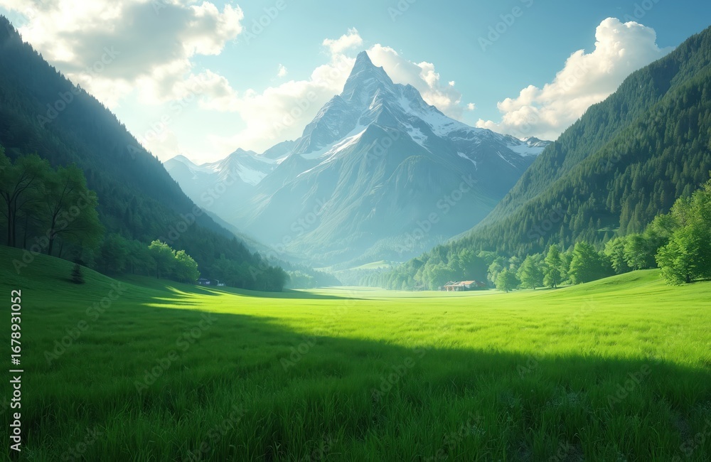 Obraz premium Futuristic AI manages vast green valleys with snow-capped mountains. Sustainable energy concept integration, clean sky, digital cloud system, village houses.