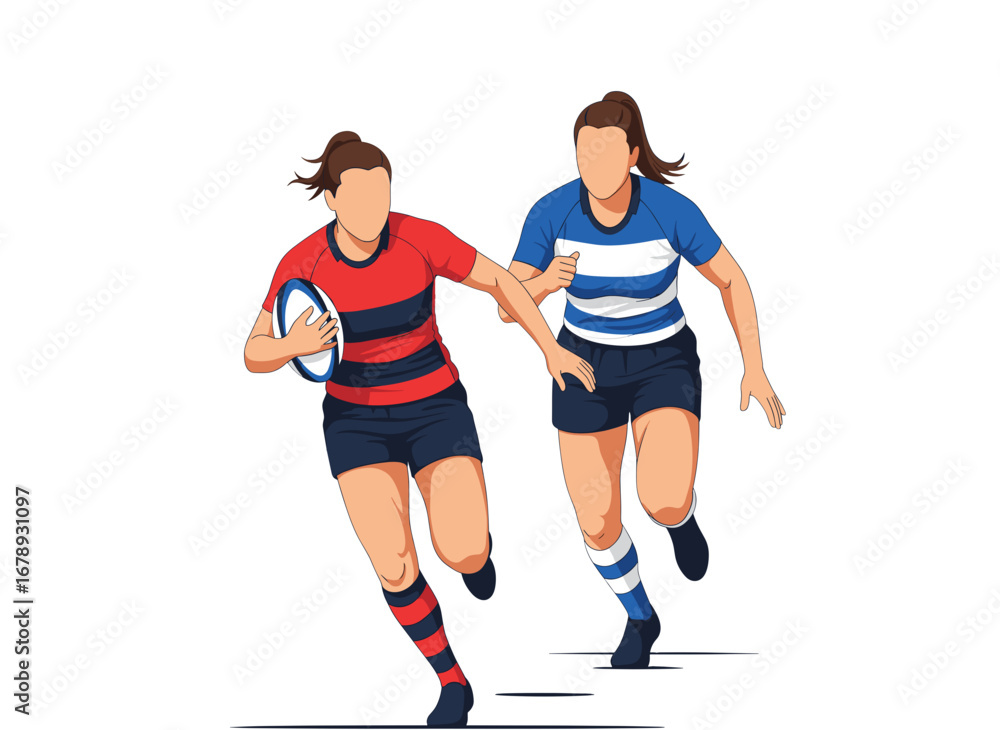 Obraz premium Female Rugby Players Running with Ball in Action, Team Sport Competition Concept