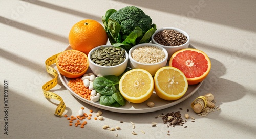 健康的な食材が彩り豊かに盛り付けられた写真です。