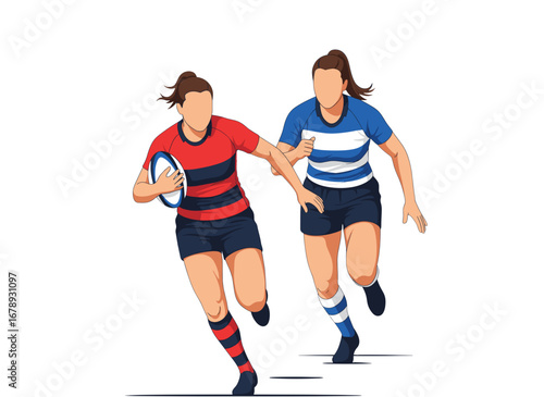 Female Rugby Players Running with Ball in Action, Team Sport Competition Concept