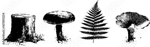 Black and white stencil set of forest elements for design and art projects