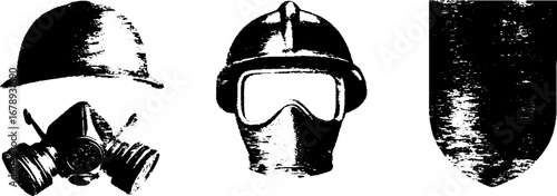 Black and white gas masks and protective gear stencil collection for design projects