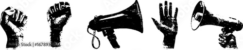 Black and white stencil set of giant hand gestures and megaphones for bold urban designs