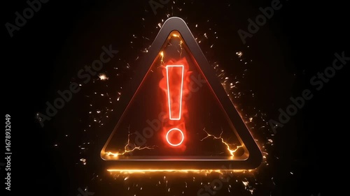 A fiery, neon-red exclamation mark inside a triangle, with a cracked and glowing surface, representing danger, caution, and system error.