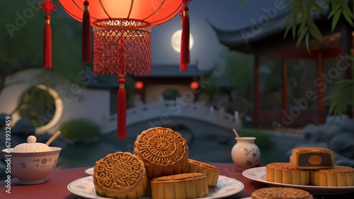 Wallpaper Mural Mooncakes on a table, under a lantern, celebrating Mid-Autumn Festival, with copy space Torontodigital.ca